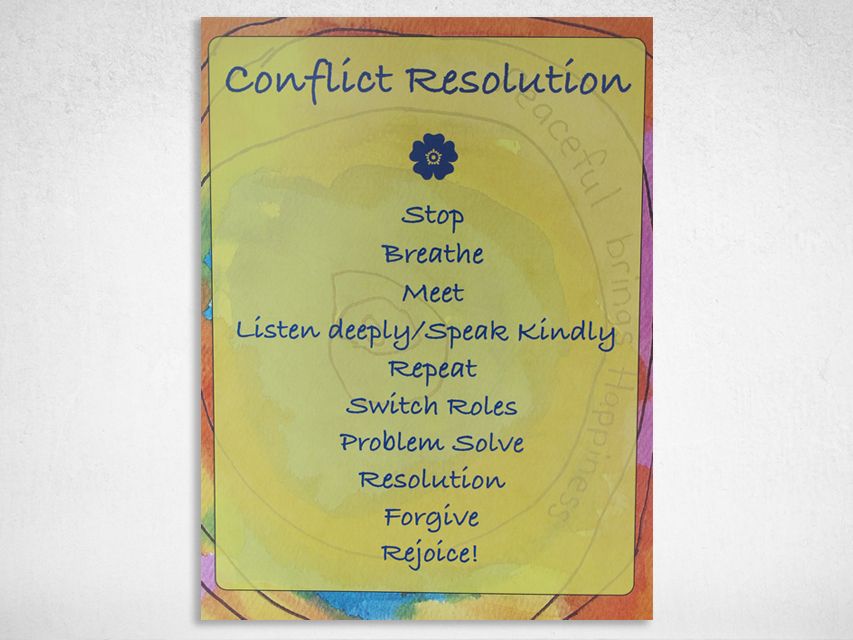 letter-sized card with conflict resolution steps printed on front.